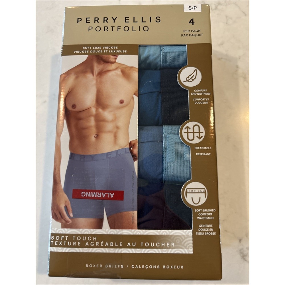 PERRY ELLIS Mens S (28-30)  4 Pack Pairs Boxer Briefs Blues Viscose Soft Luxe